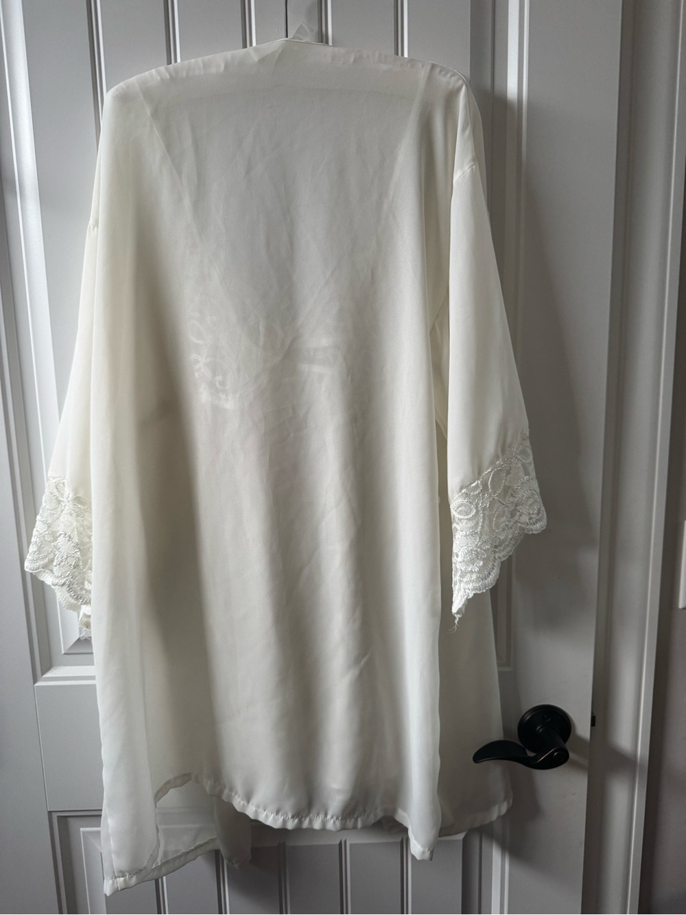Silk-Feel Ivory Lace Trim Robe and Chemise Set - Picture 3 of 5